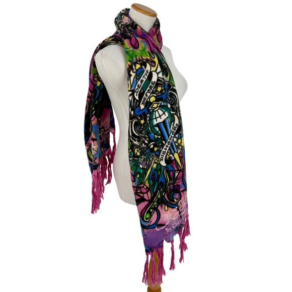 Christian Audigier x Ed Hardy Paisley Print Purple & Pink Fringed Hem Scarf - Picture 8 of 13